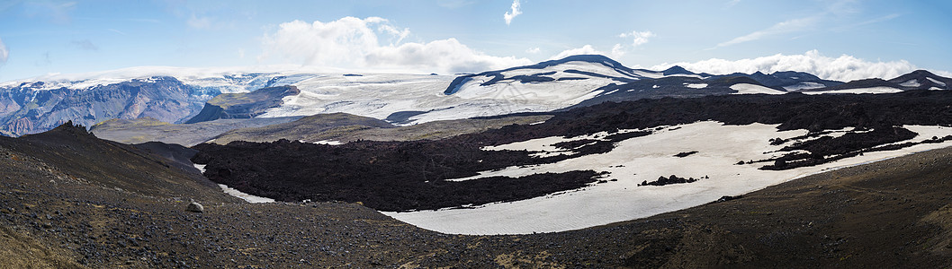 刀剑神域远足小径的红色和黑色火山冰岛景观全景 冰川火山熔岩场 雪和 magni 和 mudi 山 由 2010 年影响整个欧洲空中交通的背景