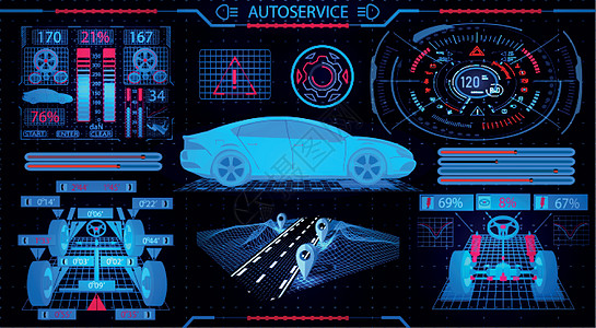 汽车服务 图形用户界面 诊断性调整车轮 道路条块分割 检查休克消化器 刹车系统和仪表板图片