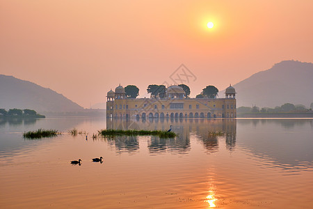 印度拉贾斯坦邦斋浦尔日出 Jal Mahal水利宫清晨吸引力太阳爬坡鸭子游客风景景观地标反射城市图片