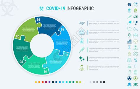 具有 6 个步骤的冠状病毒模块化信息图表模板 Covid19 彩色图表 时间表和时间表在浅色背景下隔离 许多额外的图标项目报告医背景图片