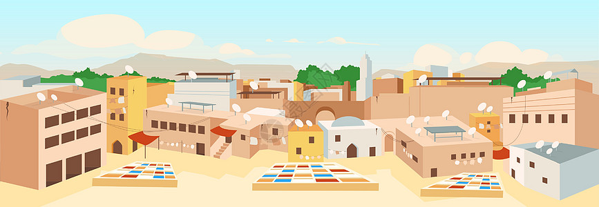 突尼斯旧城镇平板彩色矢量图图片
