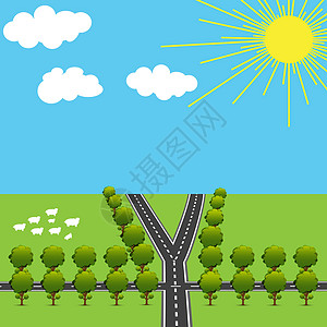 动画风格的交叉路口和支行道路 绿树 景观 插图土地赛车沥青自由曲线旅行驾驶街道车道缠绕设计图片