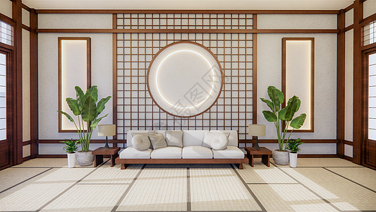 日式房间日本式的沙法和白色背景画作装饰花朵渲染扶手椅桌子地面植物沙发小样阁楼图片