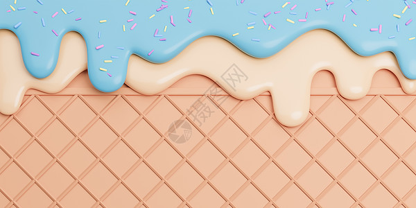 Mint和与Sprinkles熔化在Wafer横幅背景上 复制空间 3d 模型和插图牛奶冰淇淋甜点液体胡扯卡通片焦糖晶圆食物奶油图片