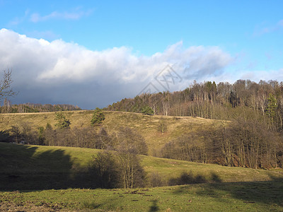 深秋或初冬的风景 有青山 草地 光秃秃的树木和云杉林 蓝天背景 在农村的乡村景观 晴天 复制空间图片