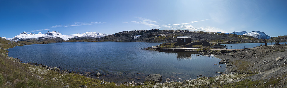 从和蓝色冰川湖的宽阔全景 沿挪威西部Skjolden之间的国家风景路线图片