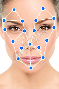 眼睛图形用于面部身份验证识别概念的生物识别面部识别软件应用技术 带有扫描插图图形设计的亚洲女性肖像背景