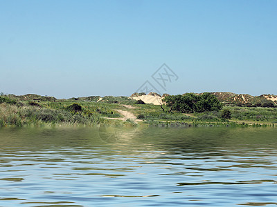 从海中可以看到一条通向沙丘和草地的 绕行道路 在美式海岸附近晴天旅行植被丘陵场地蓝色反射波浪海岸线全景图片