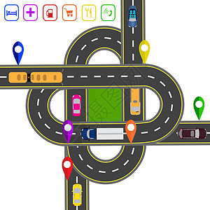 道路信息图表 在各种对象图上注明 抽象的交通枢纽 各种道路的交汇处 运输 矢量图图片
