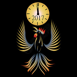 黑色背景的公鸡摘要说明 2017年烈火红公鸡 clock 插图图片