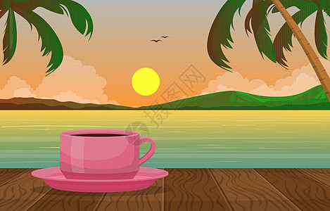 茶湖热带海滩沙滩日落之景杯说明图片