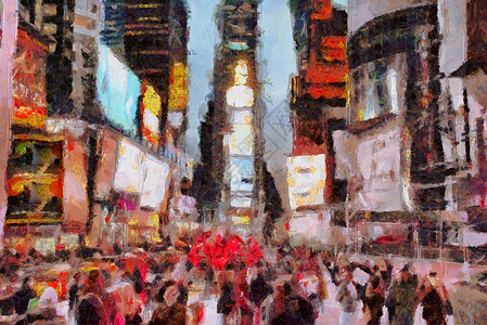 纽约时报广场民众建筑城市街道人群绘画艺术家笔触艺术面孔图片