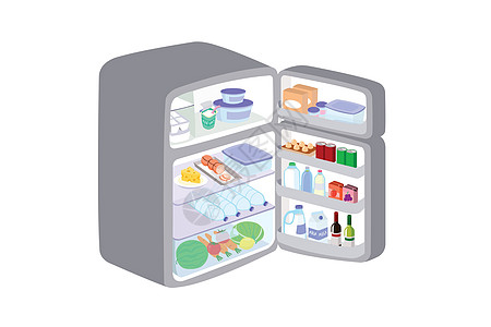 灰色冰箱打开门隔离在白色背景 冰箱保存水果和食物以保持新鲜度商品果汁插图器具贮存冻结架子瓶子饮料厨房图片