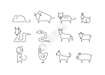 在白色背景上设置的十二生肖动物图标财富传统标识山羊老鼠文化艺术奶牛收藏兔子图片