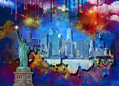 曼哈顿自由女神像组织自由港口帆布宇宙景观艺术市中心建筑学戏剧性建筑背景图片