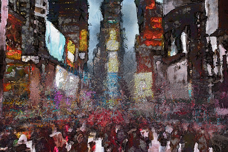 纽约时报广场人群活动民众街道艺术建筑艺术品旅行笔触绘画图片