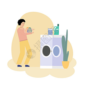 Boy用洗衣机洗衣服的矢量插图说明图片