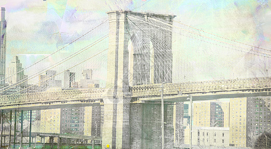 纽约布鲁克林大桥城市天际历史景观月亮地标手绘港口艺术建筑学图片