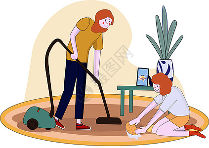 母亲和小女儿 卡通家务 一个年轻的女人和一个女孩正在洗地板 女人吸尘 一起打扫房子和除尘卡通片家庭灰尘地毯女佣琐事厨房管家真空工图片