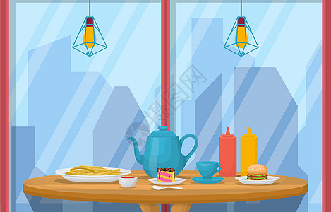 餐桌咖啡厅垃圾袋 城市天梯车视图说明瓶子杯子摩天大楼食物架子公寓家具蛋糕飞碟餐厅图片