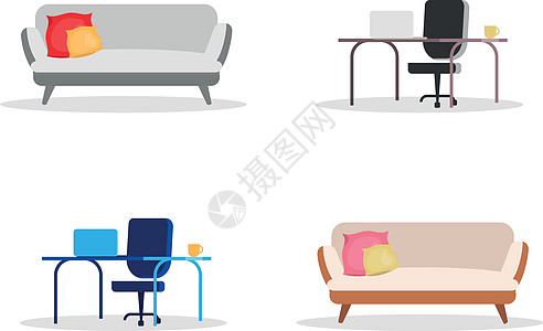沙法和计算机表格平板彩色矢量物体集职场休息室沙发笔记本剪贴时间椅子网络房间长椅图片