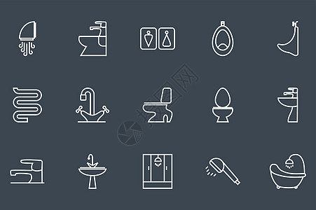卫生工程矢量细线相关图标集 用于网络和移动应用程序空气洗手间混合器浴缸座位壁橱管子浴室图标坐浴图片