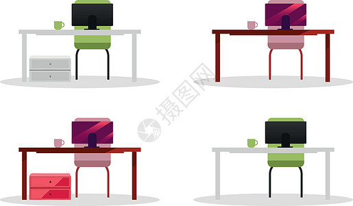 带有计算机平板彩色矢量物体的办公表格桌子笔记本成套电脑物品椅子屏幕自由职业者动画片工具图片