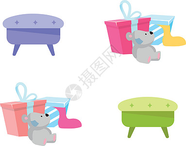 装有固定彩色矢量对象的礼品箱和脚凳椅子展示庆典座位孩子们礼物盒物品扶手椅香椿风格图片