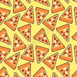 无缝时尚披萨片图案 可爱的矢量披萨 用于黄色背景的织物 壁纸 包装纸 卡片和网络插图图片