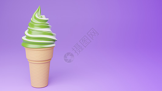 在紫色背景的脆皮锥上 软服务冰淇淋 绿色茶和牛奶味 3D模型和插图图片