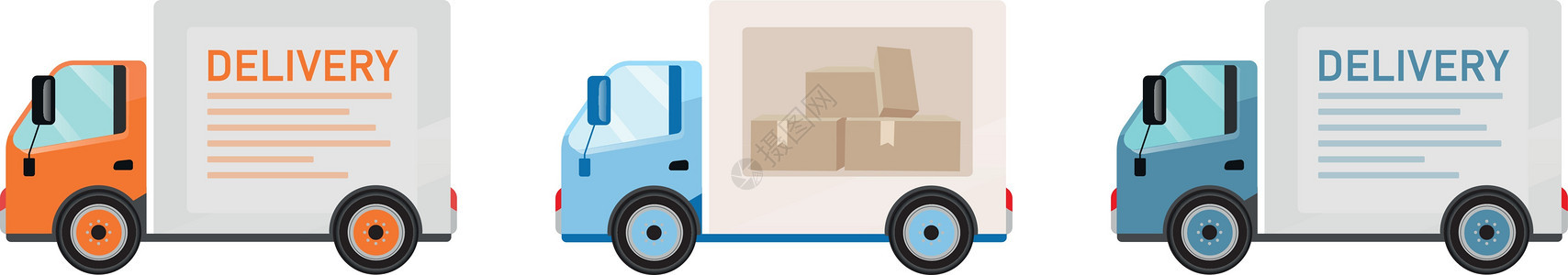 装有固定彩色矢量物体的运输卡车工具香椿导游插图商品货运商业服务货车送货图片