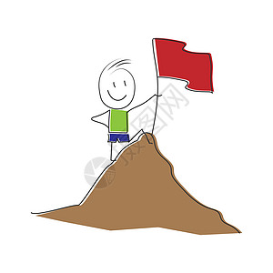 手画人站在山顶上 身着红旗图片