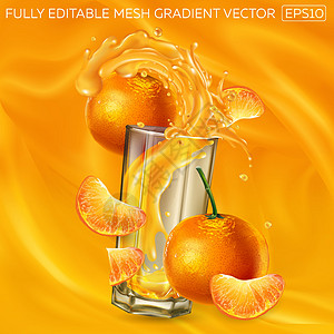 柑橘和一杯果汁背景上的飞溅果汁图片