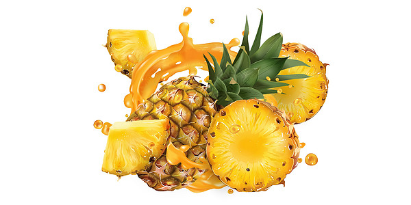 新鲜菠萝和果汁喷洒味道热带广告食物插图健康厨房菜单咖啡店凤梨图片