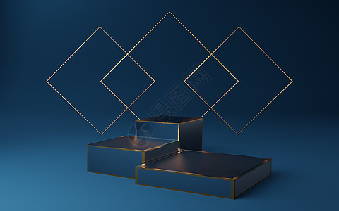 空的蓝色立方体讲台 蓝色有金色边框和金色正方形优胜者框架展示奢华陈列柜平台插图站立产品艺术图片