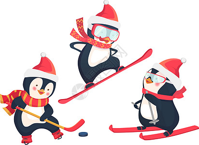 冬季活性企鹅概念活动插图闲暇数字帽子玩家滑雪板孩子游戏运动图片