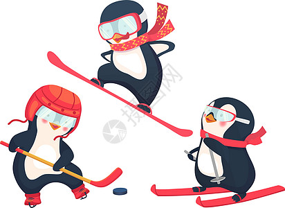 冬季活性企鹅概念竞赛闲暇曲棍球滑雪者运动滑雪板动物婴儿玩家运动员图片