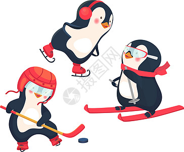 冬季活性企鹅概念雪堆滑雪者冰球竞赛婴儿溜冰者滑冰动物活动滑雪图片