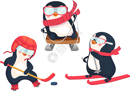 冬季活性企鹅概念滑雪滑雪者雪橇冰球插图游戏滑雪板活动婴儿运动图片