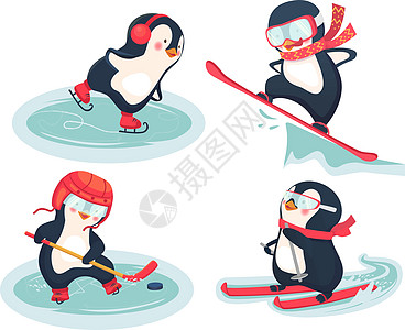 冬季活性企鹅概念曲棍球插图单板运动员跳跃玩家运动游戏冰球竞赛图片