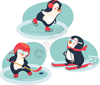 冬季活性企鹅概念滑雪者婴儿活动贴纸曲棍球游戏溜冰者玩家冰鞋滑冰图片