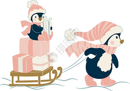 圣诞可爱企鹅动物雪橇卡通片婴儿插图背景图片