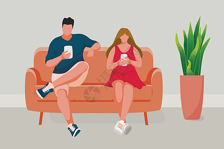 坐在沙发上的男人和女孩男性电话长椅女性摆设夫妻女士椅子手机房间图片