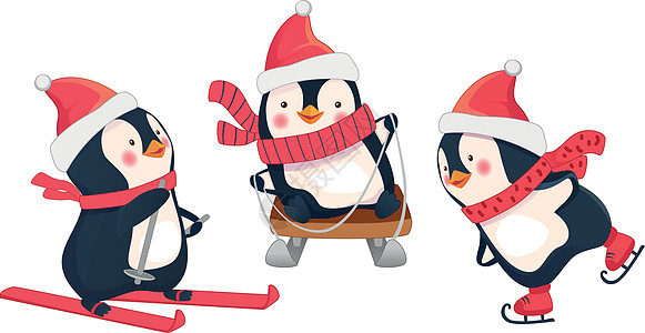 冬季的休闲活动企鹅溜冰者户外运动雪橇滑雪者滑雪卡通片滑雪板运动季节图片