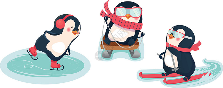 冬季活性企鹅活动卡通片闲暇动物降雪运动孩子乐趣婴儿滑雪板图片