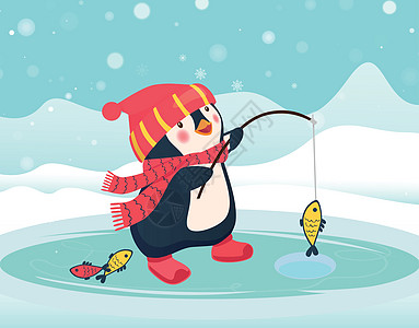 企鹅企鹅钓鱼人捕获的鱼野生动物鱼竿闲暇围巾卡通片荒野降雪冰钓渔夫钓鱼图片