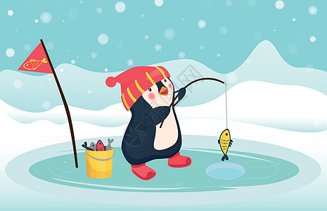 企鹅企鹅钓鱼人捕获的鱼白色动物钓鱼钓竿卡通片降雪野生动物渔夫荒野冰钓图片