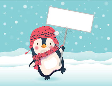 企鹅持有标志牌围巾卡通片横幅动物孩子们招牌空白卡片婴儿帽子图片