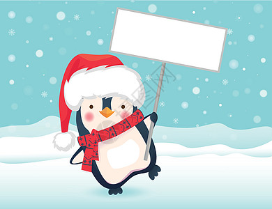 飘逸 围巾企鹅持有标志牌横幅围巾卡片卡通片帽子婴儿招牌孩子们动物空白设计图片