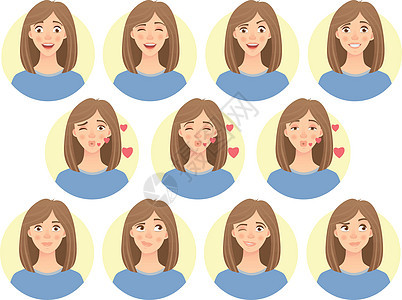 女性情绪的一连串脸部眼睛卡通片漫画青少年女孩情感插图化身图片
